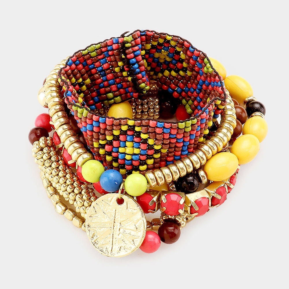 7PCS Gold Boho Mix Metal Chain Beaded Charm Stretch Bracelet